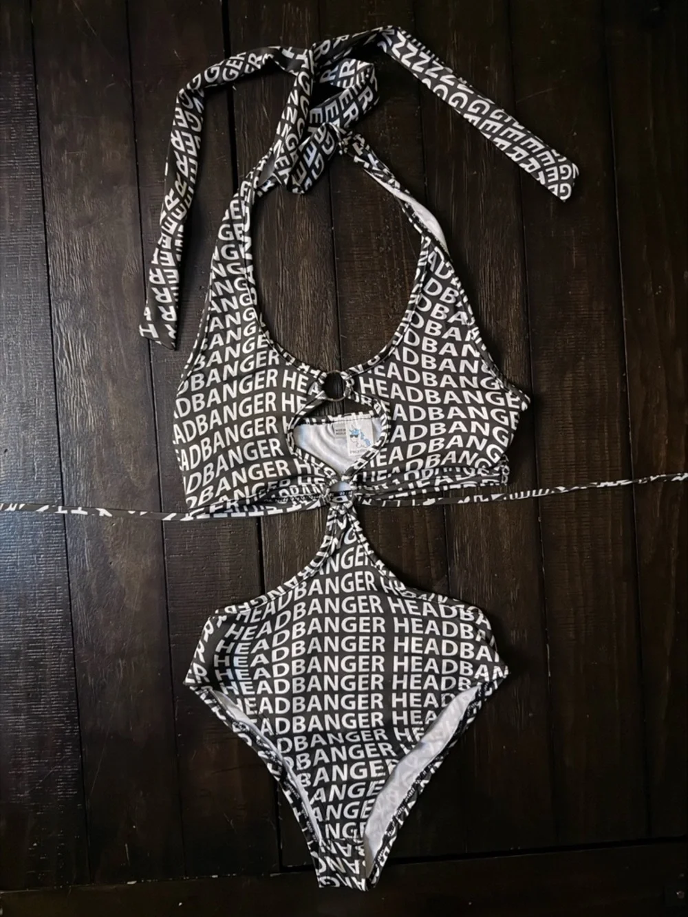 iHeartRaves “Headbanger” Cutout One-Piece Bodysuit / Swimsuit Black White - Picture 2 of 10